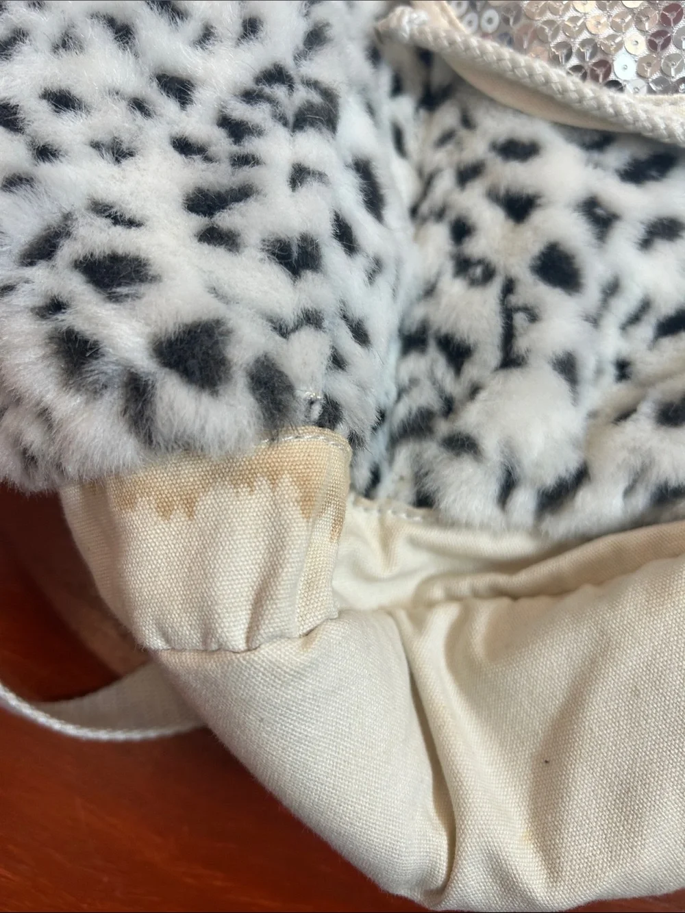 Girls White Faux Fur Leopard Backpack with Silver Sequin Accents